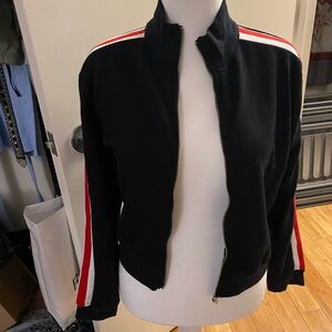 F21 Women's Black Bomber Jacket with Red & white Stripes